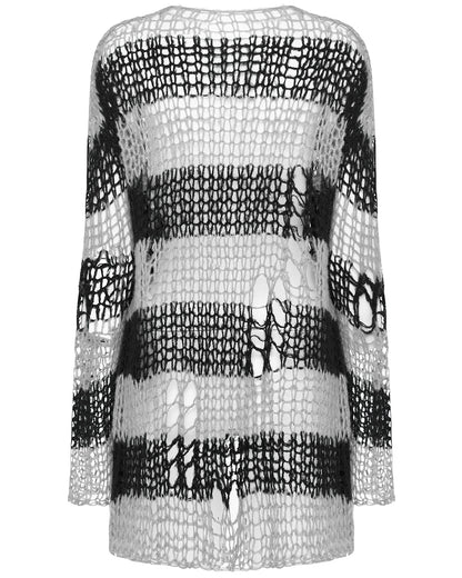 WM-077KMF-WHF Womens Gothic Punk Striped Shredded Cardigan Sweater - White & Black