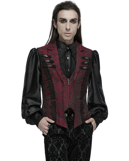 WY-1677MJM-RDM Mens Gothic Jacquard Rose Lace Applique Waistcoat Vest - Red