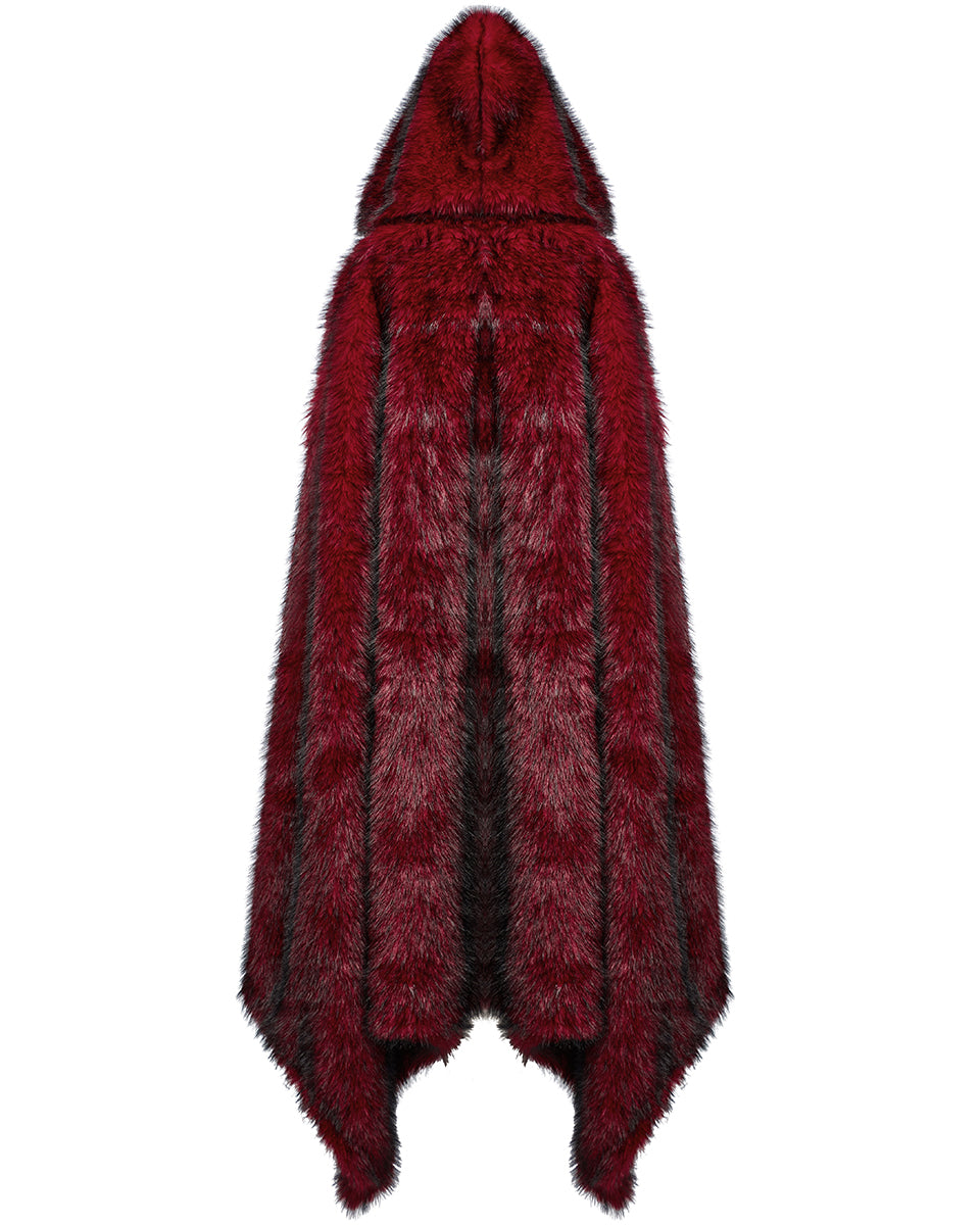 WY-1663DPF Womens Long Gothic Faux Fur Asymmetric Hooded Winter Cloak - Red