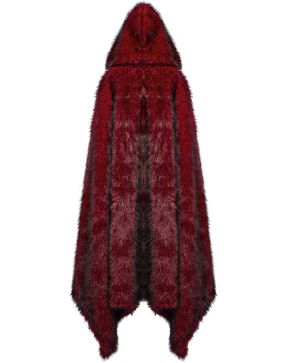 WY-1663DPF Womens Long Gothic Faux Fur Asymmetric Hooded Winter Cloak - Red