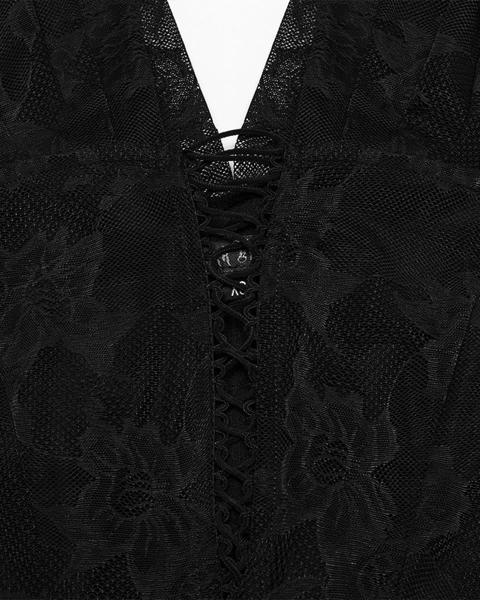 OQ-805LQF Daily Life Long Gothic Rose Lace & Pleated Mesh Lace Up Maxi Dress