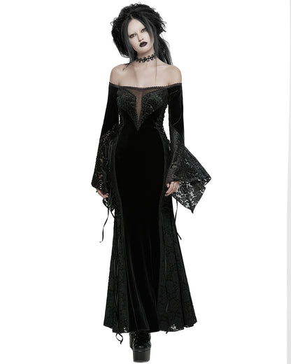 WQ-761LQF Womens Long Gothic Off Shoulder Maxi Dress With Devore Velvet Contrasts