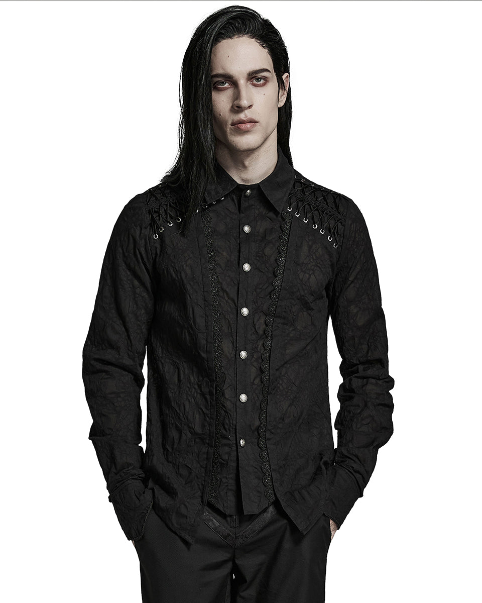 PR-Y1463-BKM Mens Gothic Vampire Pleated Chiffon Lacing Dress Shirt