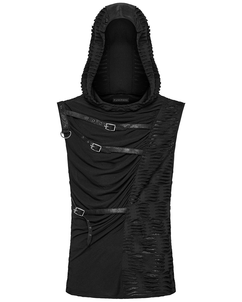 WT-1003BXM-BKM Mens Apocalyptic Gothic Spliced & Shredded Hooded Tank Top Vest
