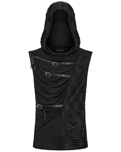 WT-1003BXM-BKM Mens Apocalyptic Gothic Spliced & Shredded Hooded Tank Top Vest