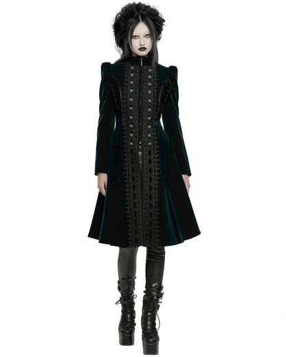 WY-1633XCF Womens Gothic Velvet Embellished Mid Length Military Coat - Bottle Green