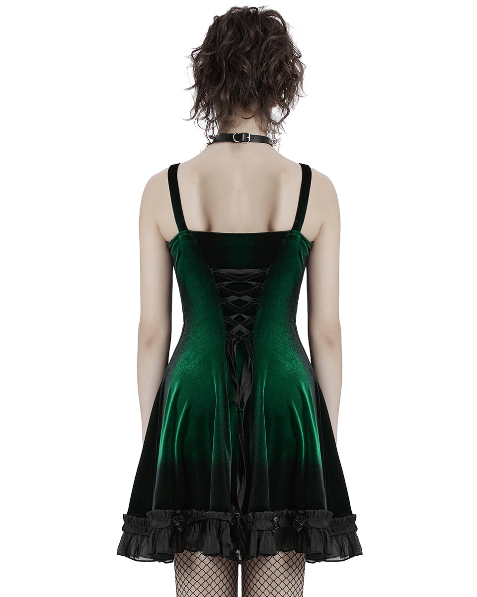 OQ-780DQF-GRF Daily Life Gothic Gradient Velvet Mini Dress - Green & Black