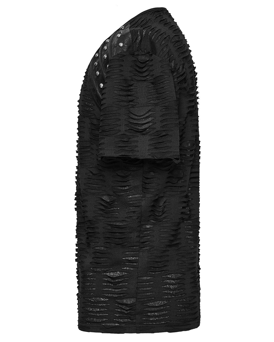 WT-1011TDM-BKM Mens Apocalyptic Gothic Shredded & Studded Broken Knit T Shirt Top