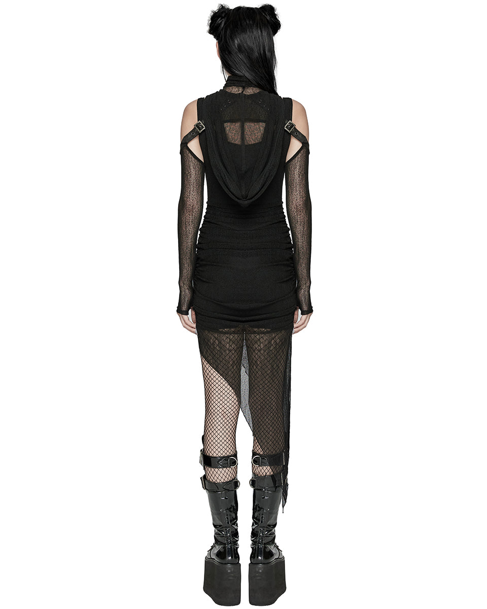 WQ-768LQF Womens Apocalyptic Wasteland Gothic Asymmetric 2 Piece Hooded Dress