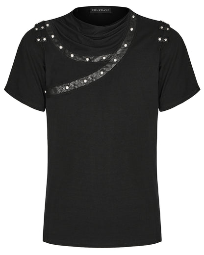 PR-T792-BKM Mens Avant Garde Gothic Studded Drop Collar T Shirt Top