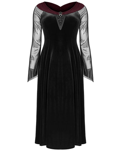 DQ-511 Plus Size Womens Gothic Witch Off Shoulder Velvet Maxi Dress - Black & Red