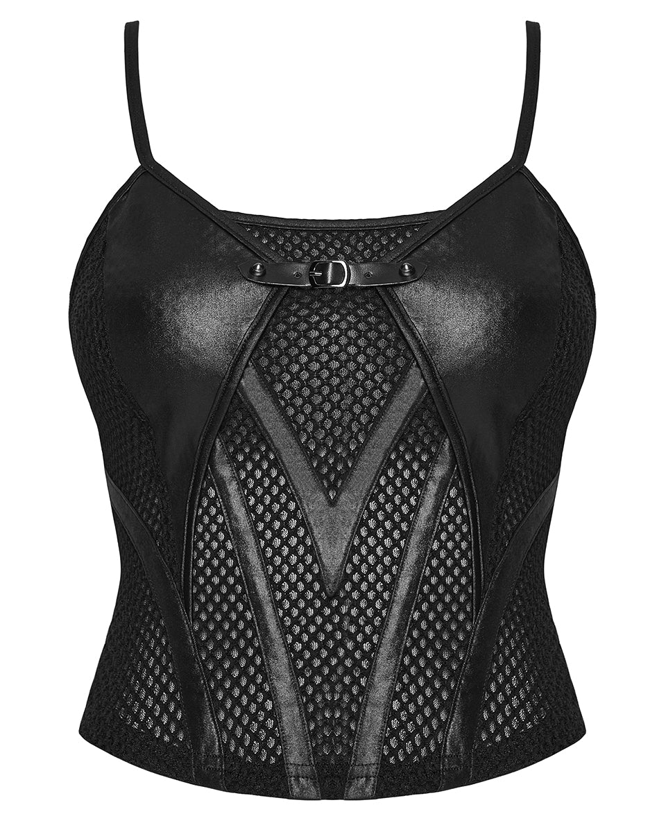 PR-OT-1070DDF-BKF Daily Life Womens Cyberpunk Faux Leather & Mesh Skull Camisole Vest Top
