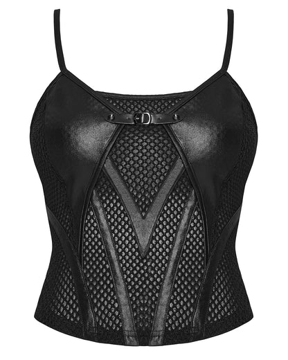 PR-OT-1070DDF-BKF Daily Life Womens Cyberpunk Faux Leather & Mesh Skull Camisole Vest Top