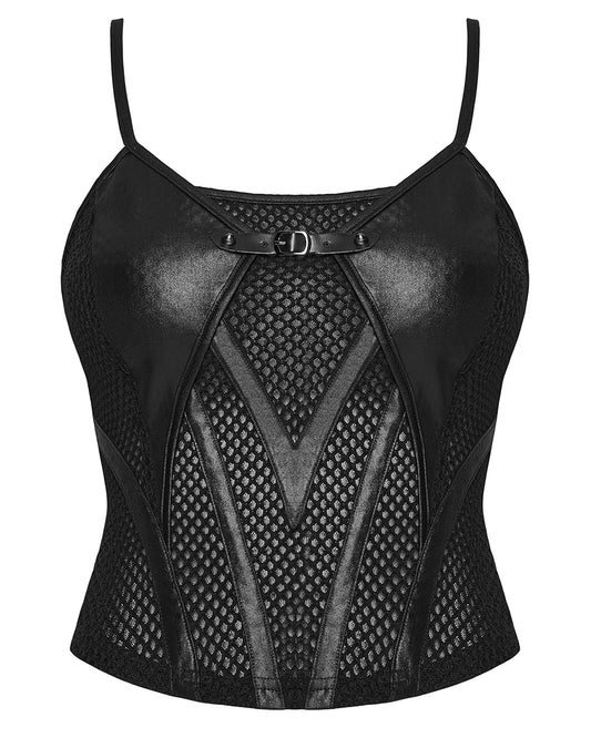 PR-OT-1070DDF-BKF Daily Life Womens Cyberpunk Faux Leather & Mesh Skull Camisole Vest Top