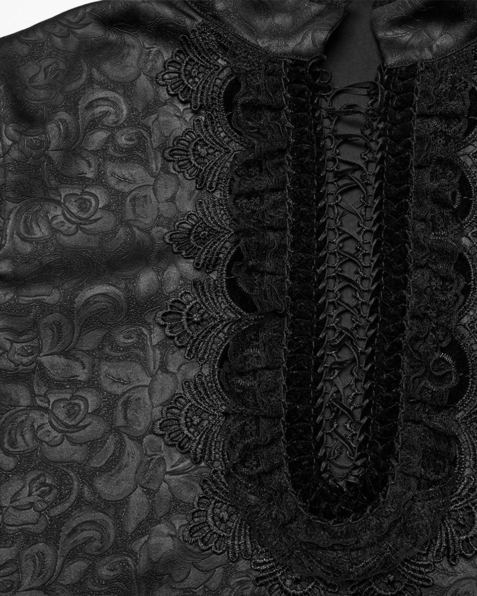WY-1785 Mens Gothic Embossed Print Lace-Up Pirate Shirt - Black