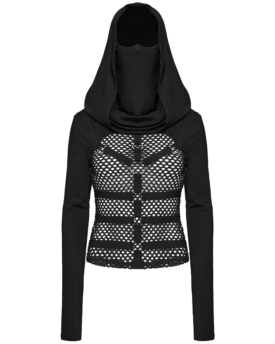 WT-916TCF Womens Fishnet Strapping Hooded Muffler Top