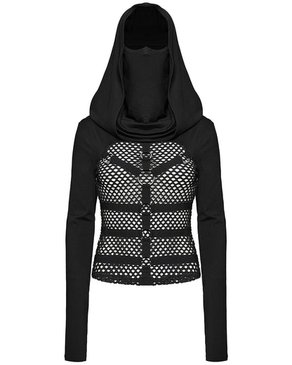 WT-916TCF Womens Fishnet Strapping Hooded Muffler Top