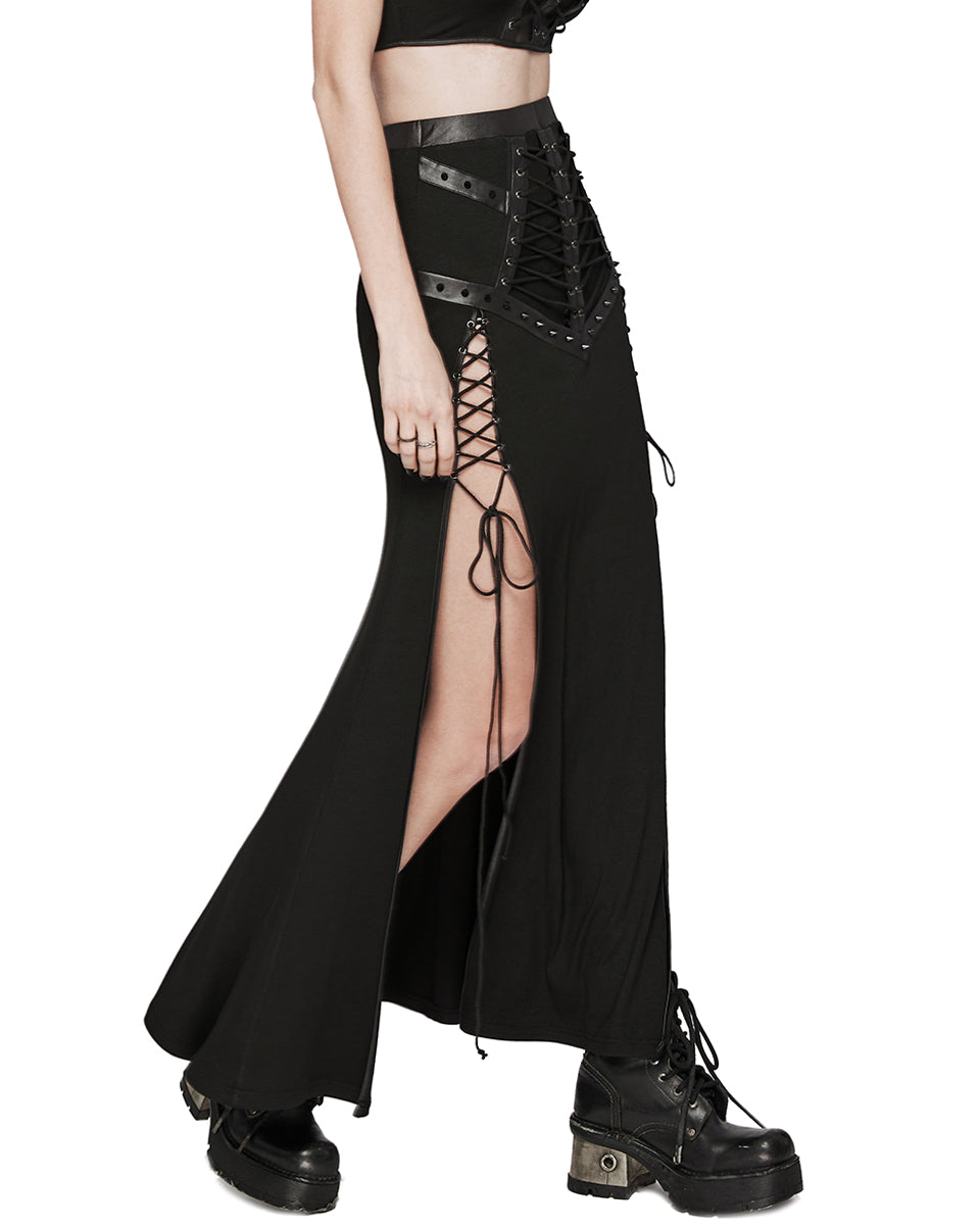 WQ-696BQF-BKF Daily Life Long Gothic Techwear Side-Split Lacing Maxi Skirt