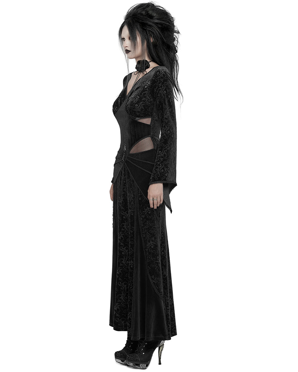 WQ-741LQF Womens Long Baroque Gothic Embossed Velvet Maxi Dress - Black