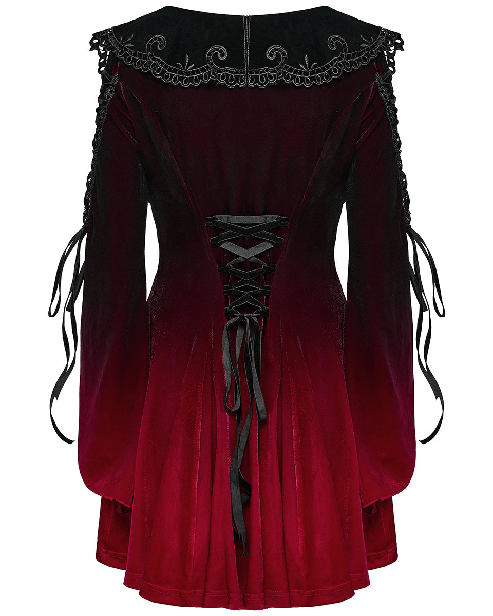 WQ-770LQF Womens Gothic Velvet Mini Dress With Oversize Embellished Collar - Red & Black Gradient