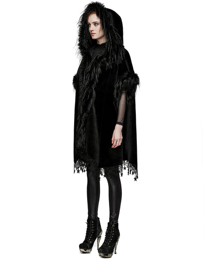 PR-WY-1519DPF-BKF Womens Dark Bohemian Gothic & Faux Fur Hooded Cloak Cape