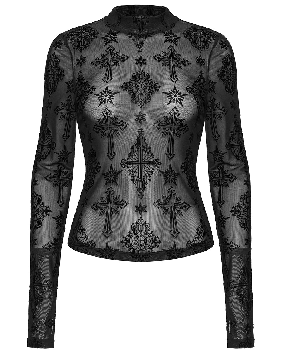 OT-990DQF-BKF Womens Gothic Flocked Mesh Crucifix Top