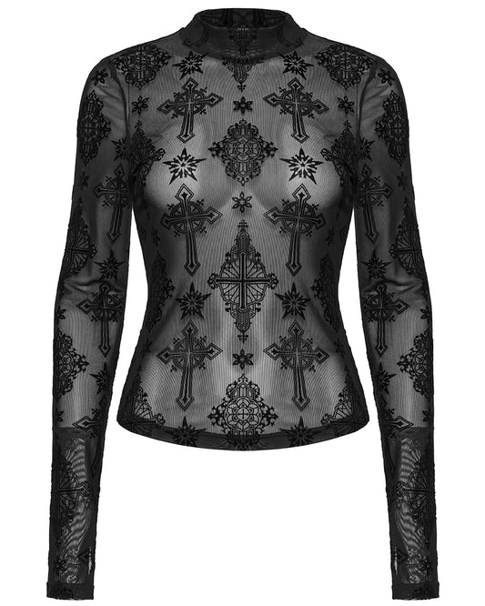 OT-990DQF-BKF Womens Gothic Flocked Mesh Crucifix Top