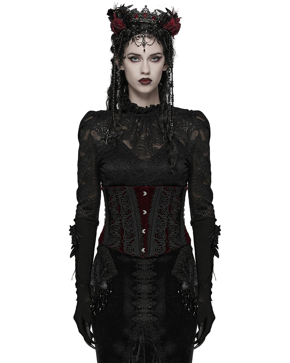 WS-790YDF Womens Baroque Gothic Rose Embroidered Velvet Cincher Corset - Red & Black