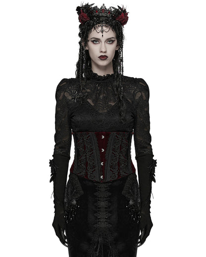 WS-790YDF Womens Baroque Gothic Rose Embroidered Velvet Cincher Corset - Red & Black