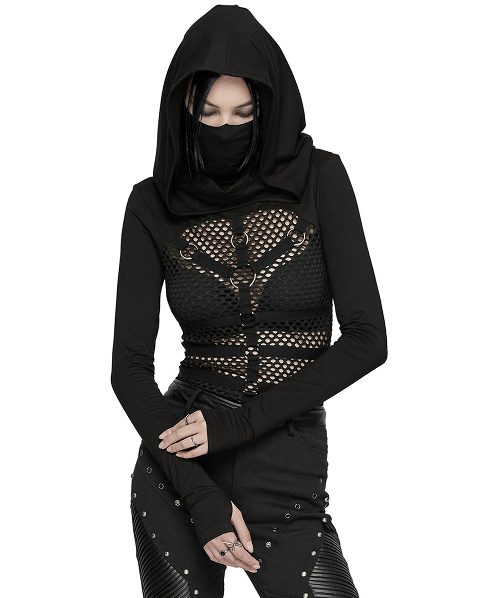 WT-916TCF Womens Fishnet Strapping Hooded Muffler Top