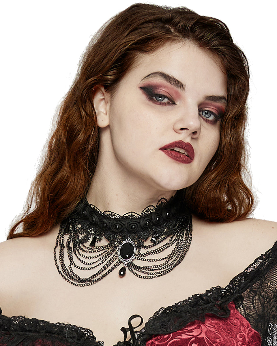 WS-668LHF Womens Chained Black Rose Cameo Choker Necklace