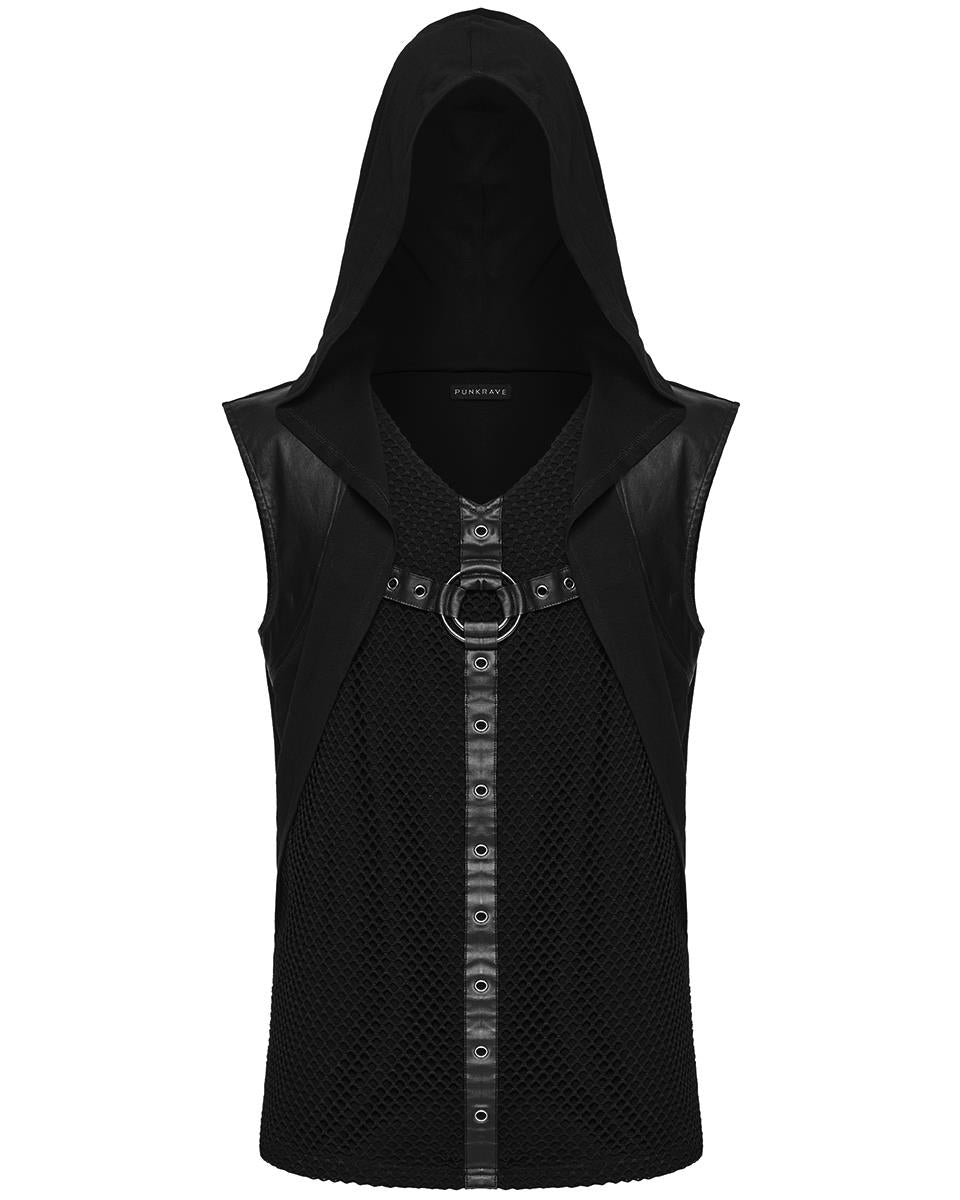 WT-936BXM Mens Apocalyptic Cyberpunk Mesh Overlay Hooded Tank Top Vest