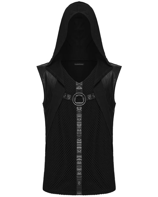 WT-936BXM Mens Apocalyptic Cyberpunk Mesh Overlay Hooded Tank Top Vest