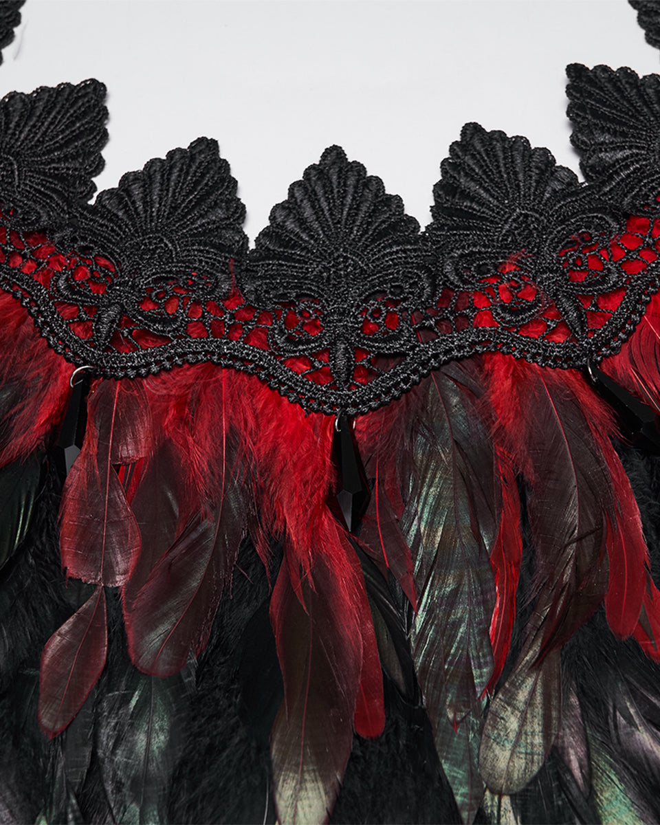 WS-807QTF Womens Gothic Burlesque Feathered Shawl Cape - Black & Red