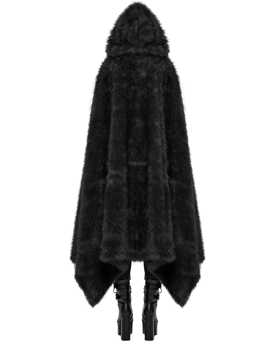 WY-1663DPF Womens Long Gothic Faux Fur Asymmetric Hooded Winter Cloak - Black