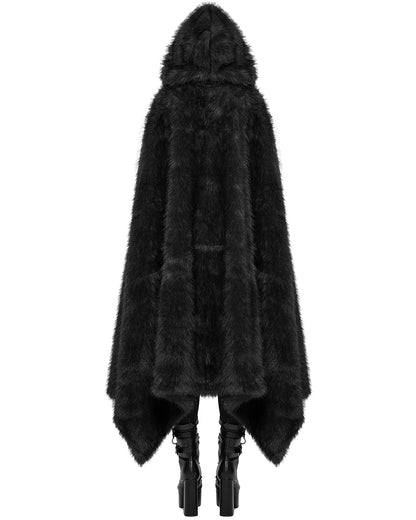 WY-1663DPF Womens Long Gothic Faux Fur Asymmetric Hooded Winter Cloak - Black