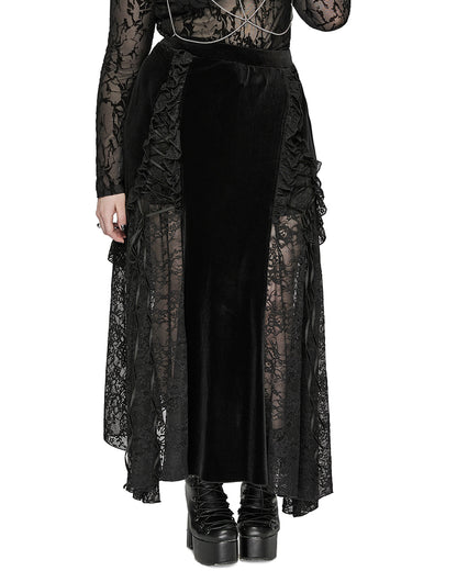 DQ-728BQF Plus Size Womens Long Gothic Velvet & Lace Ruffle Maxi Skirt