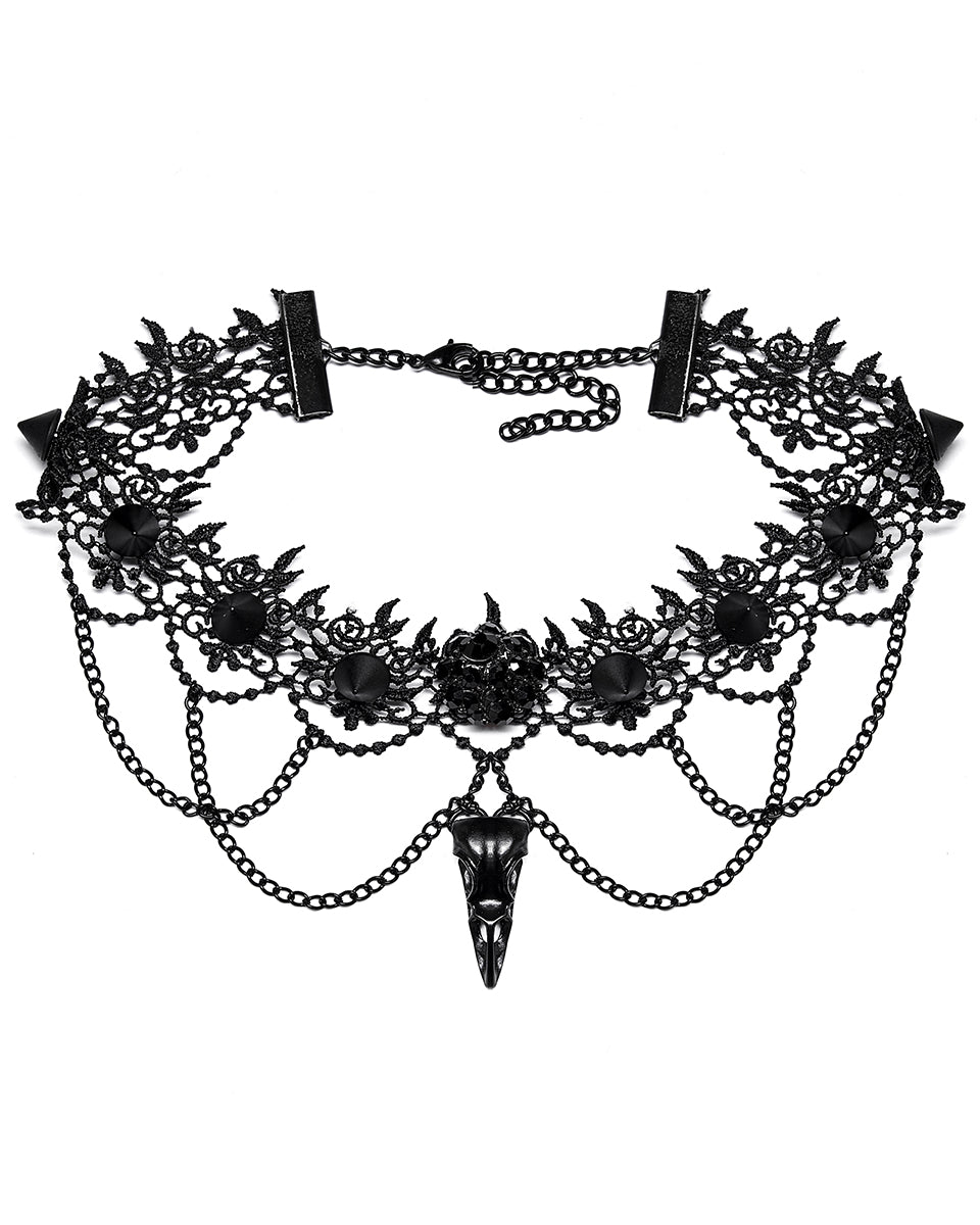 DS508-BKF Gothic Bird Skull Choker Necklace Collar Studded Black Lace Chain