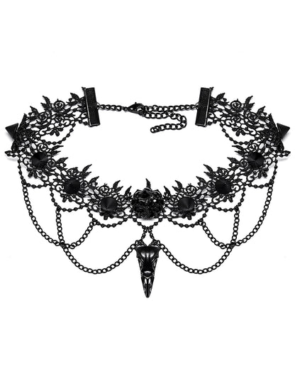 DS508-BKF Gothic Bird Skull Choker Necklace Collar Studded Black Lace Chain
