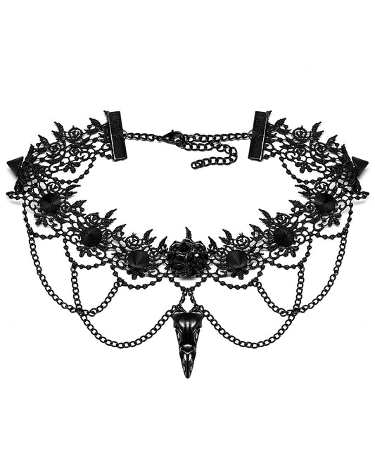DS508-BKF Gothic Bird Skull Choker Necklace Collar Studded Black Lace Chain