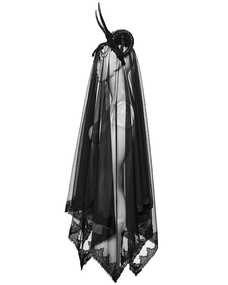 WS-833FSF Womens Dark Gothic Beaded Demon Horns 2-Piece Mesh Veil