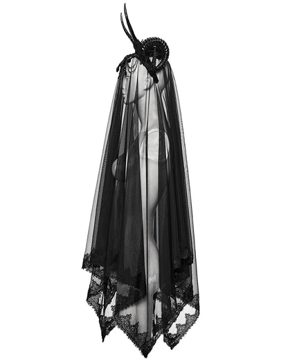 WS-833FSF Womens Dark Gothic Beaded Demon Horns 2-Piece Mesh Veil
