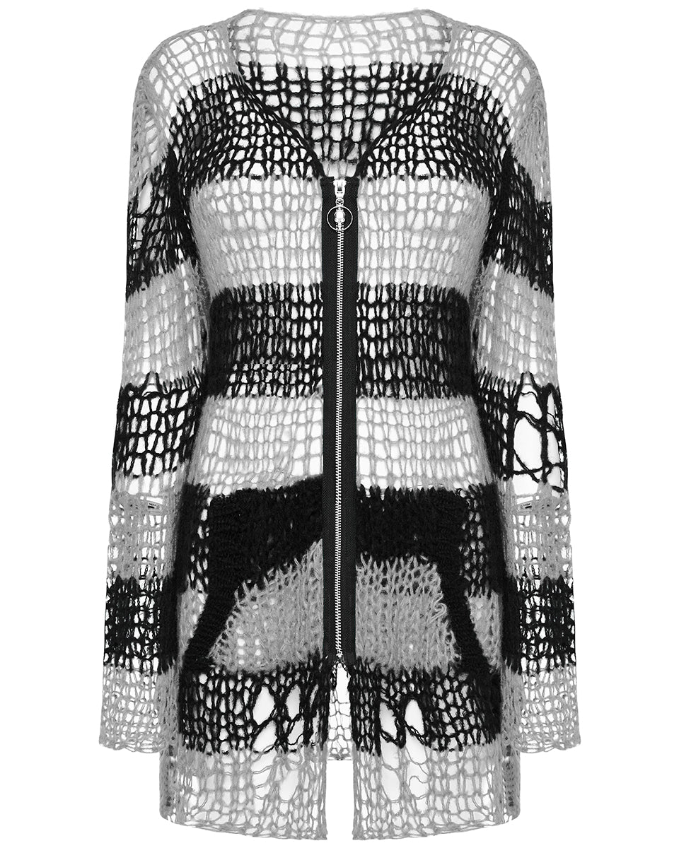 WM-077KMF-WHF Womens Gothic Punk Striped Shredded Cardigan Sweater - White & Black