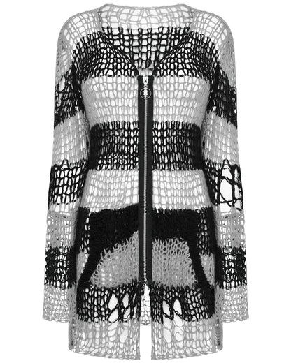 WM-077KMF-WHF Womens Gothic Punk Striped Shredded Cardigan Sweater - White & Black