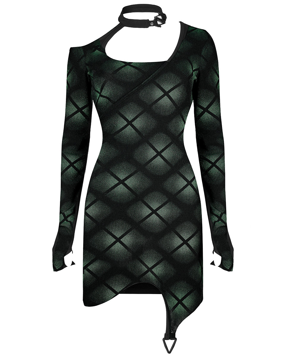 OQ-002 Daily Life Casual Dark Punk Plaid Printed Cyberpunk Dress - Black & Green