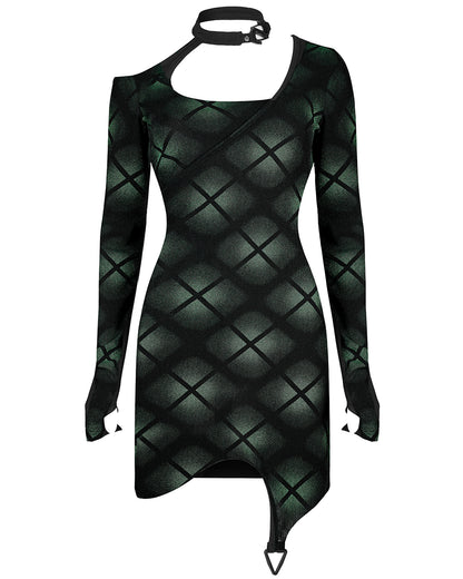 OQ-002 Daily Life Casual Dark Punk Plaid Printed Cyberpunk Dress - Black & Green