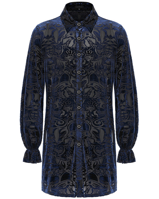 WY-1416 Mens Longline Baroque Gothic Velvet Flocked Shirt - Blue & Black