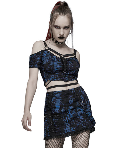 WT-707 Womens Broken Knit Shredded Mesh Strapping Top - Black & Blue