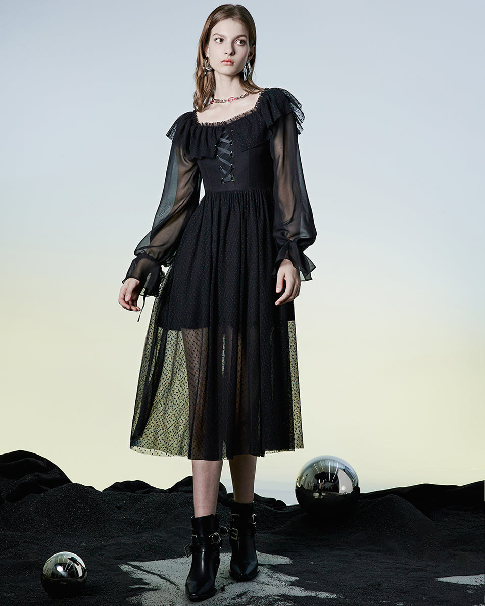 OPQ-1144 Daily Life Retrogothic Pleated Chiffon Midi Dress