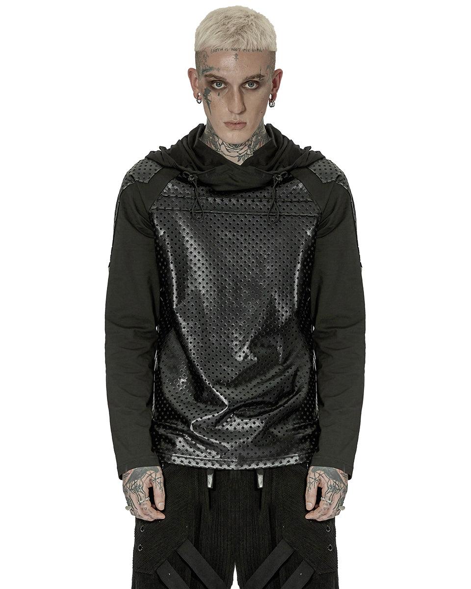 WT-736 Mens Cyberpunk Hooded PU Panelling Top